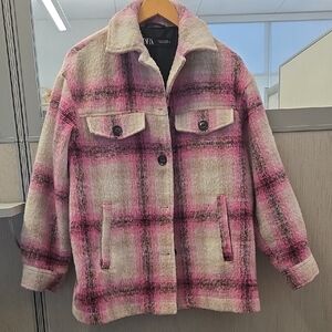 Zara Pink and Black Plaid Teddy Jacket